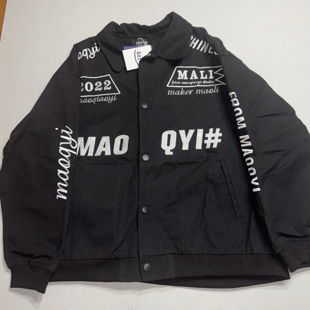 New Aelfric Eden Men Size Medium Denim Varsity Jacket Black Button Up Bomber